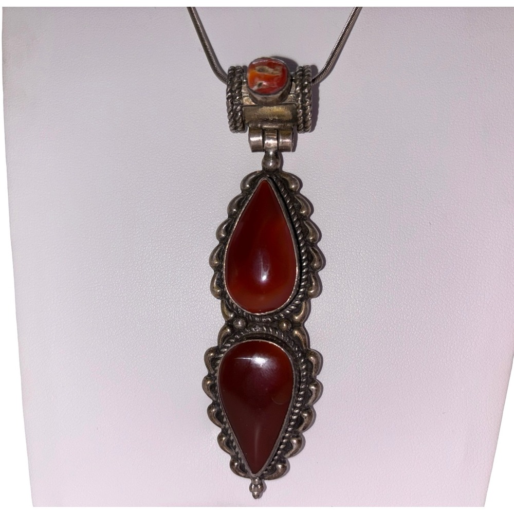 Vintage 925 Sterling Silver Red Carnelian Stone Necklace 15"